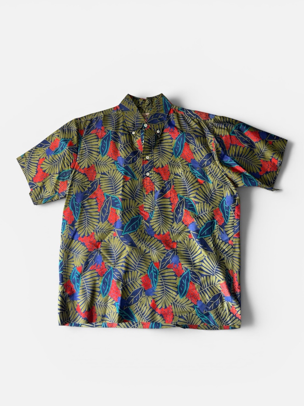 Reyn Spooner mens green red 100% Thai silk pullover Hawaiian shirt EUC
